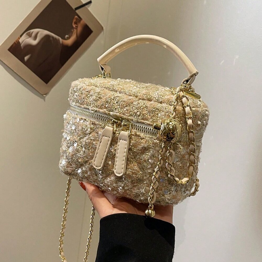 Beige Cute Women's Mini Quilted Chain Crossbody Bucket Bag